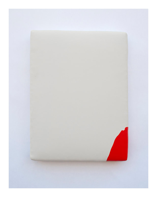 A medium vertical orientation pour with a red corner. A taupey, white covers the rest. It's a soft edged field of grayish off-white with a crisp clear line of bright red in the bottom corner.