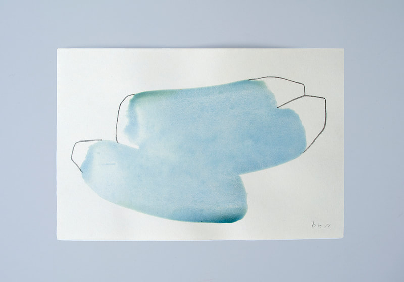 A horizontal light aqua blue form with three slightly banana-shaped forms, and an area of almost drip concentration at the lowest point in the blue (middle) and up toward the top left edge. On cream colored card stock. 